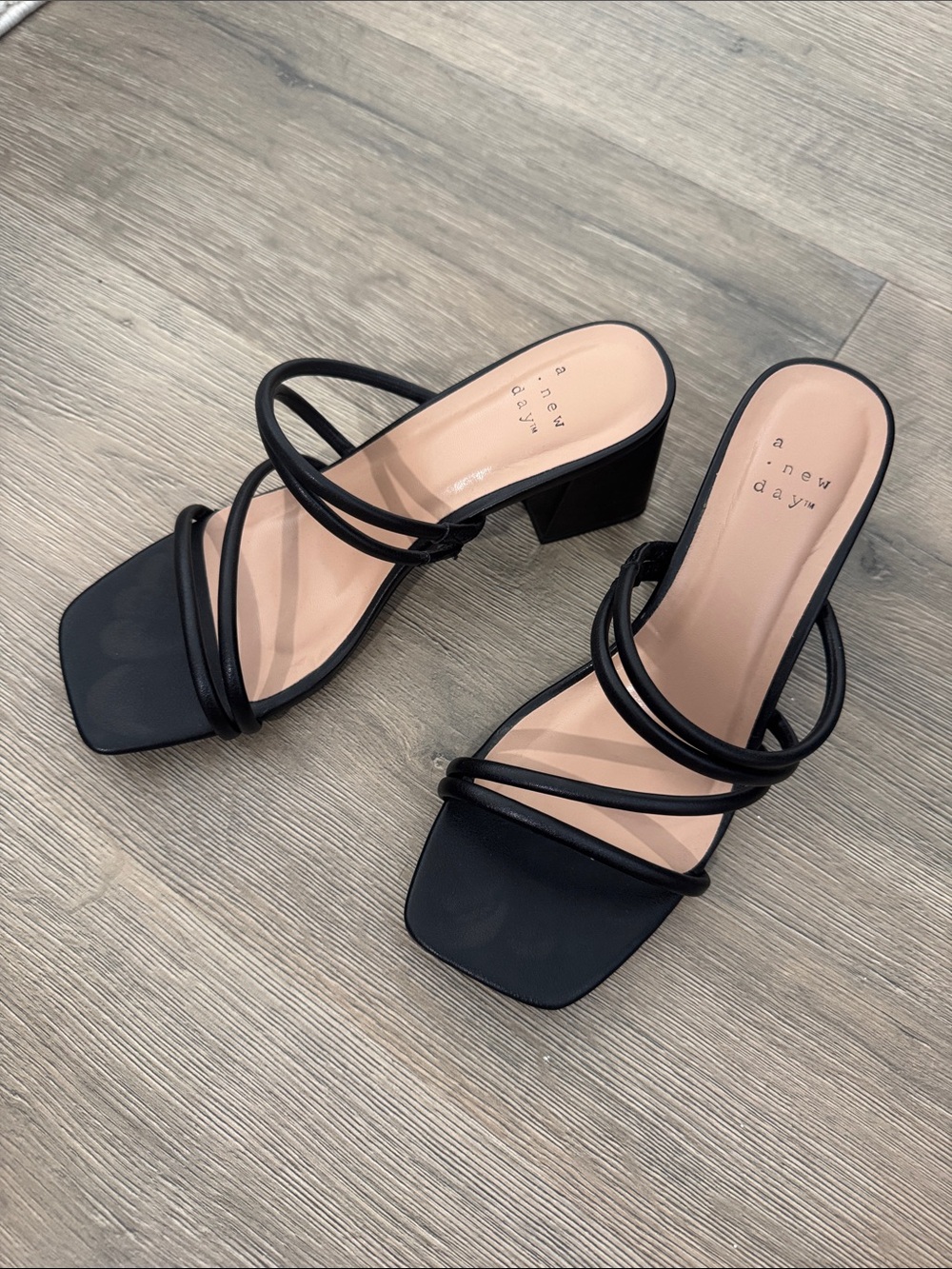 A New Day Faux Leather Black Square Toe Low Block Heel Sandals Size 6.5